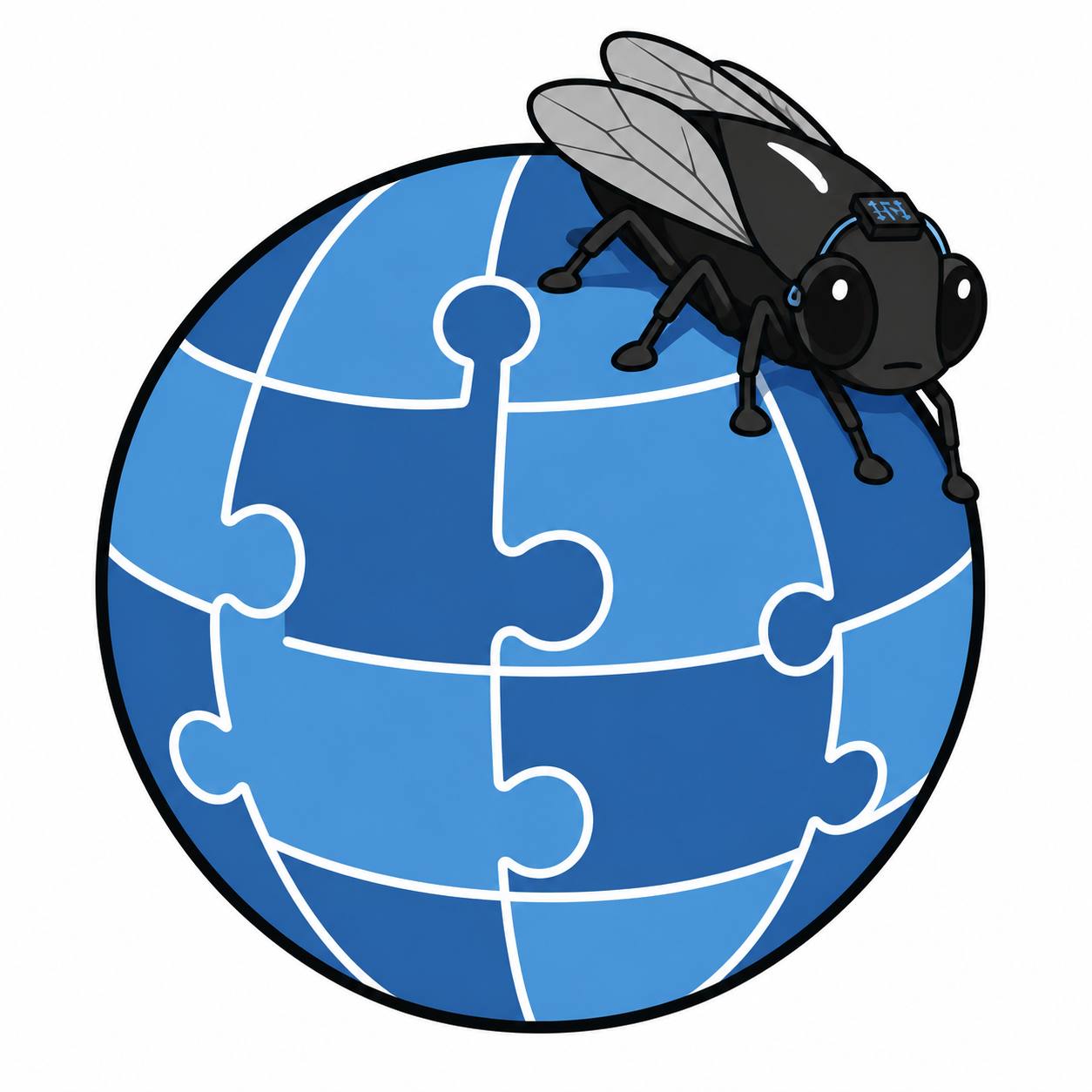 A fly with a neural chip on a blue puzzle globe